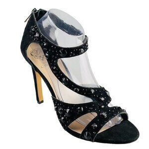 Vince Camuto Black Strappy Rhinestone Suede Heels With Back Zipper Closure -